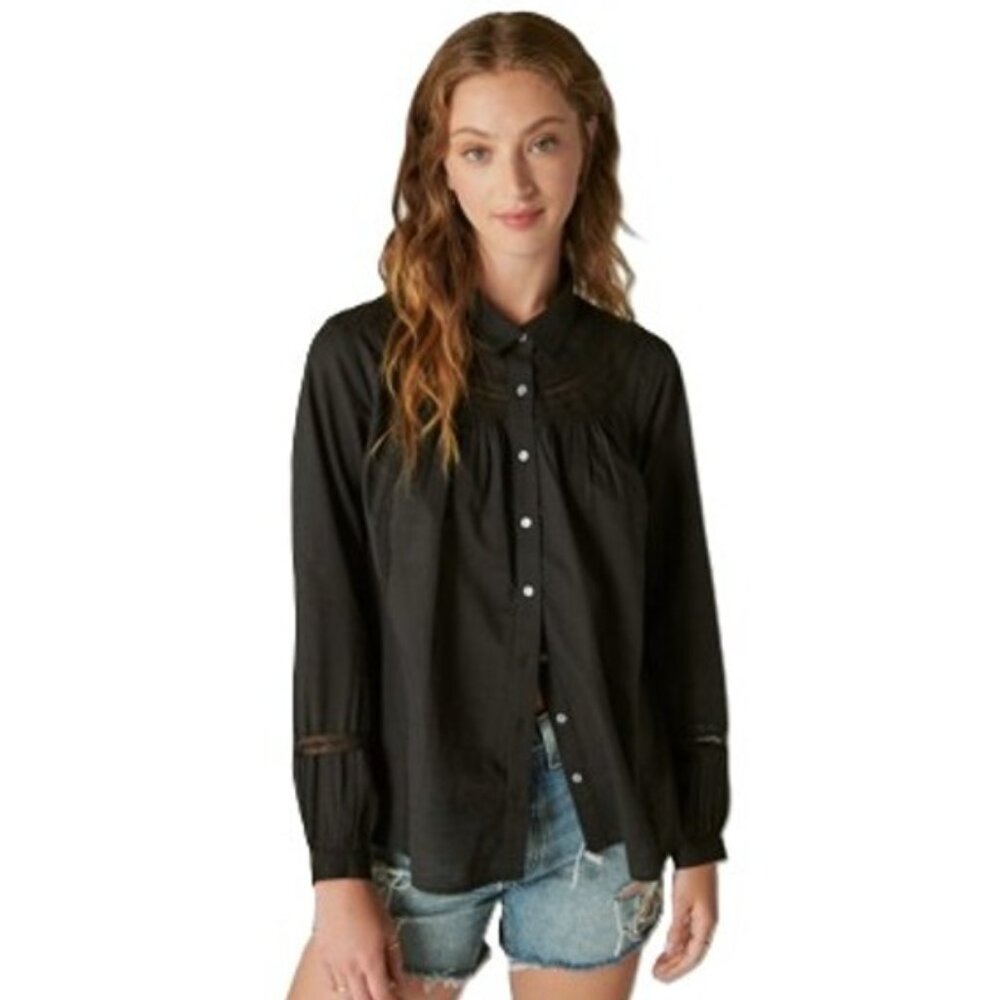 Lucky Brand Black Lace Trim Embroidered Button Down Shirt Sz XL